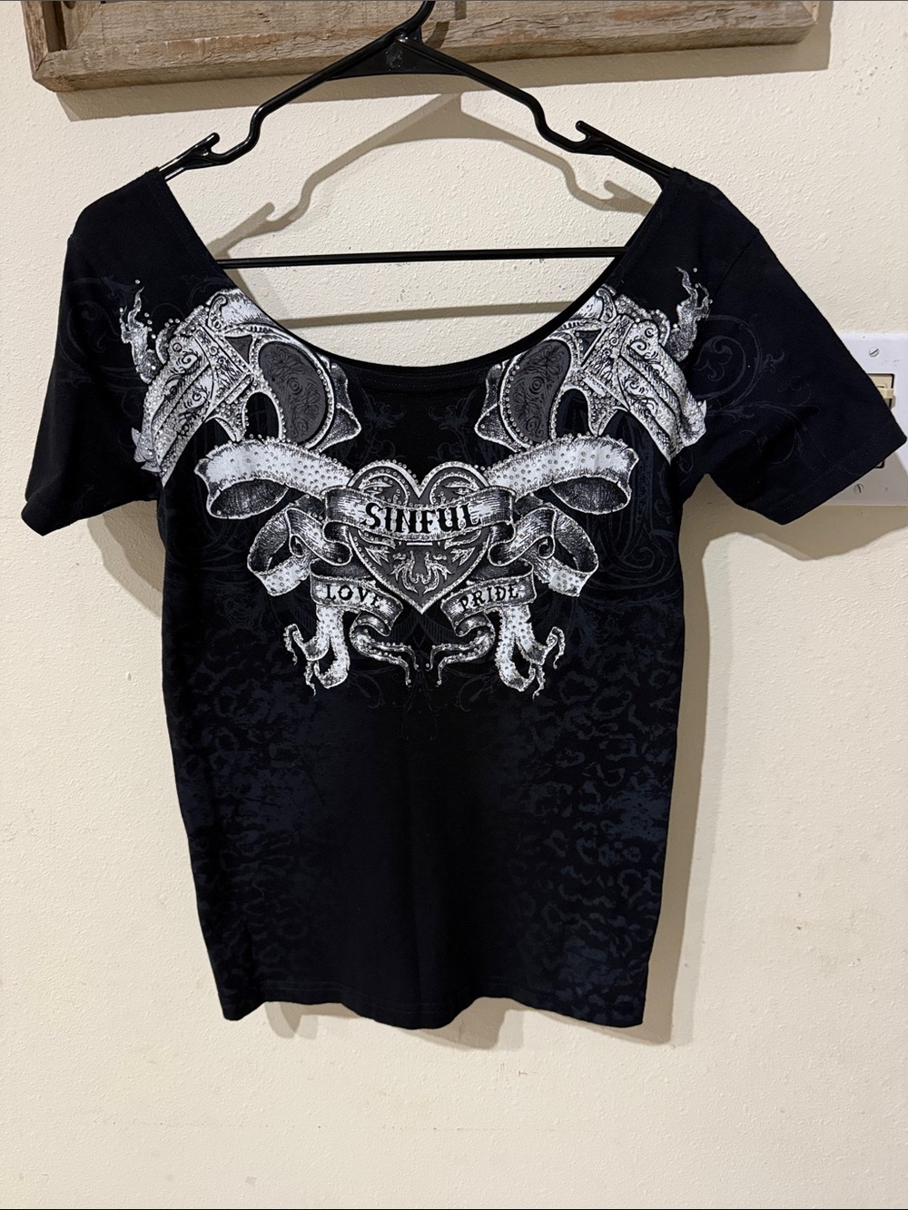 Sinful by Affliction Black Scoop Neck Tee with White Graphic Heart Emblem